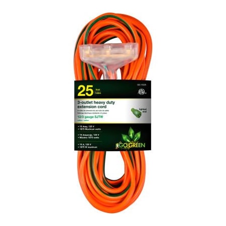 Gogreen SJTW Extension Cord, 12 AWG, Outdoor, 12/3, 3 Outlets, Orange, 25 ft GG-15225